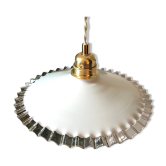 Pendant lamp in white serrated flat opaline 50s