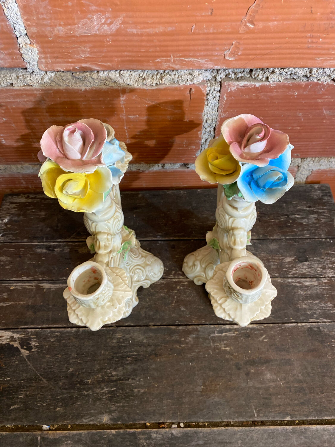 Pair of Double Candelabra Candle Holders CAPODIMONTE Polychrome Ceramic