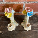 Pair of Double Candelabra Candle Holders CAPODIMONTE Polychrome Ceramic