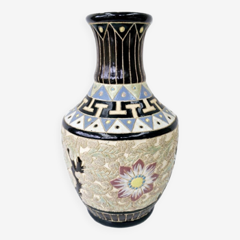 Vase Art Déco En Grès Emaillé Polychrome Ecole Vietnamienne H 26.5cm