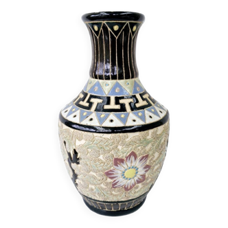 Vase Art Déco En Grès Emaillé Polychrome Ecole Vietnamienne H 26.5cm