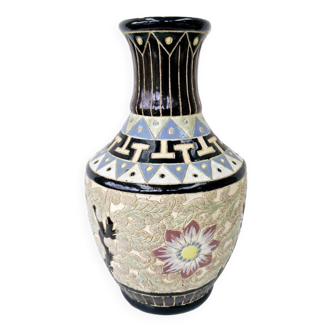 Art Deco Vase In Polychrome Enameled Stoneware Vietnamese School H 26.5cm