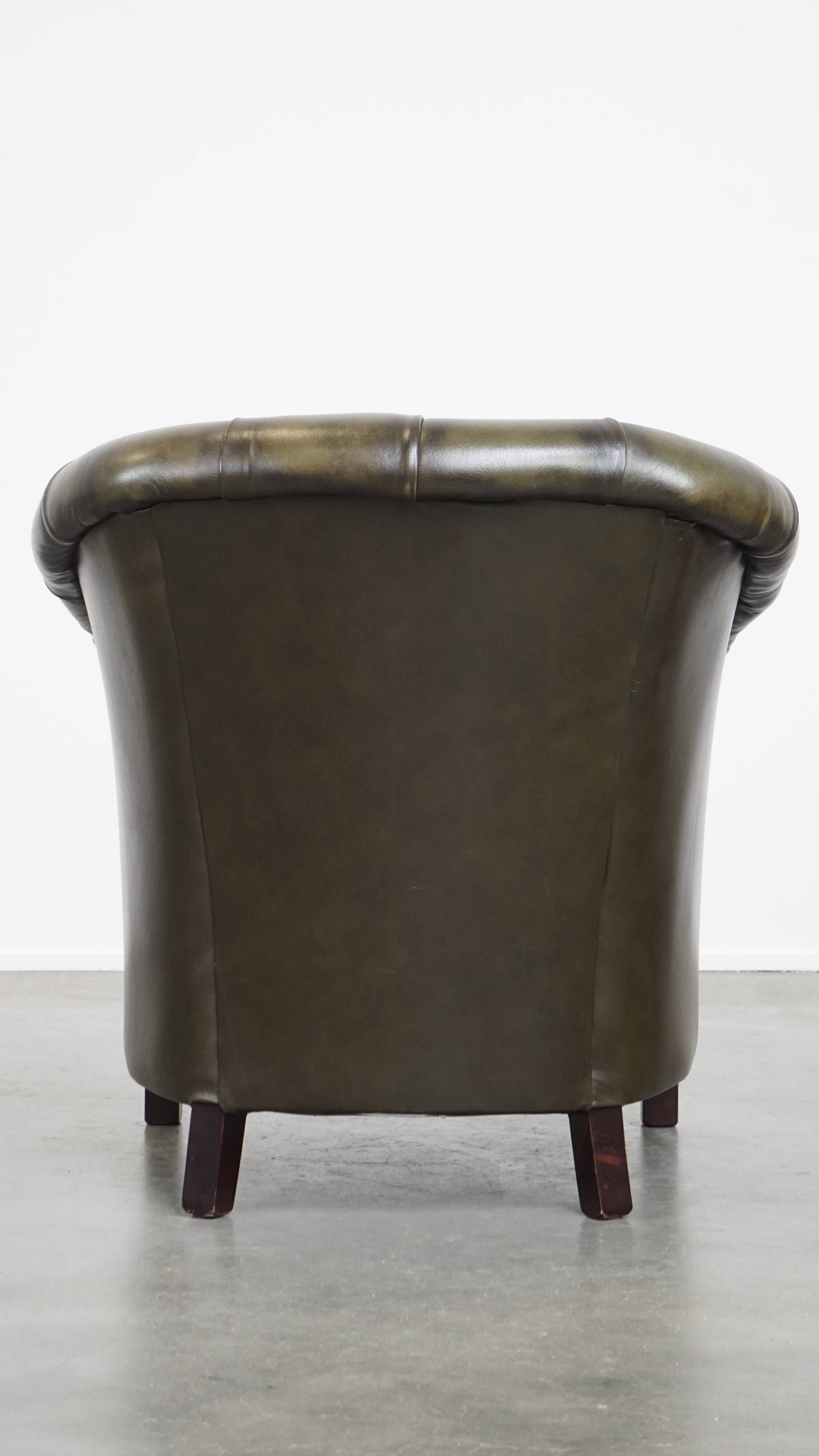 English Chesterfield club chair in olive green cowhide leather