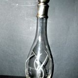 Carved crystal decanter - slender modernist shape with silver metal collar and cap