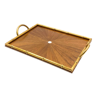 Hollywood regency brass and wood tray, Italy 1970s