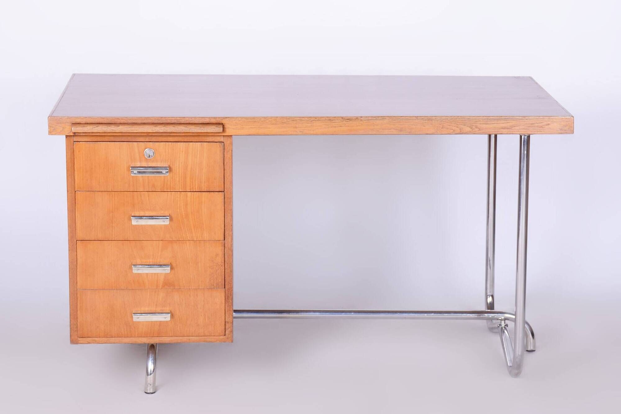 Restored Bauhaus Oak Writing Desk, Hynek Gottwald, Chrome, Czechia, 1930s