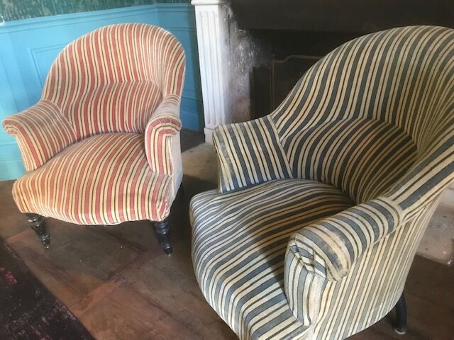 Pair of Original tapestry velvet stripe armchairs.