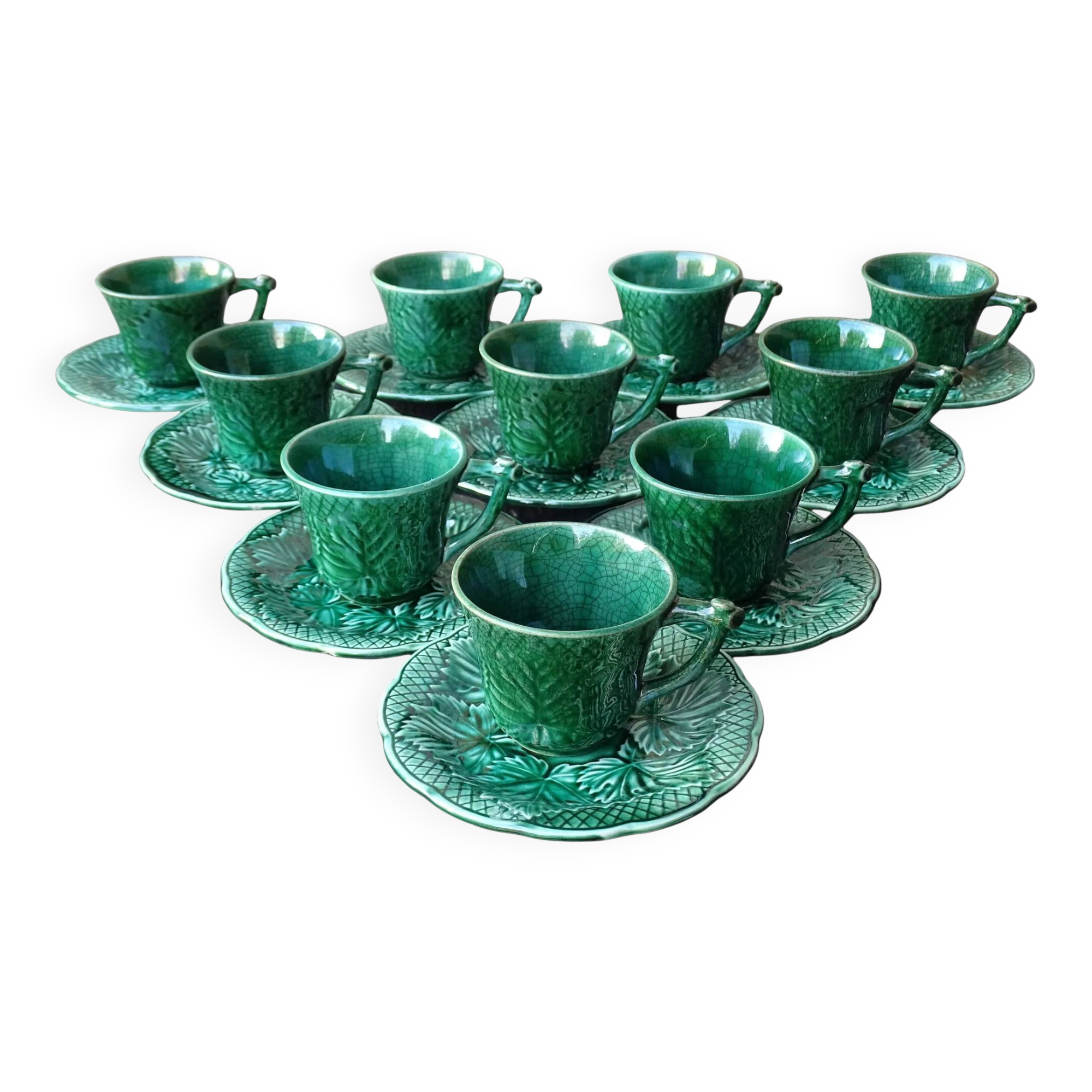 Tasses et soucoupes à café vintage en céramique de Gien, lot de 10