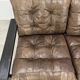 Living room sofa and brutalist armchairs in leather and wood, 70s, chalet style
