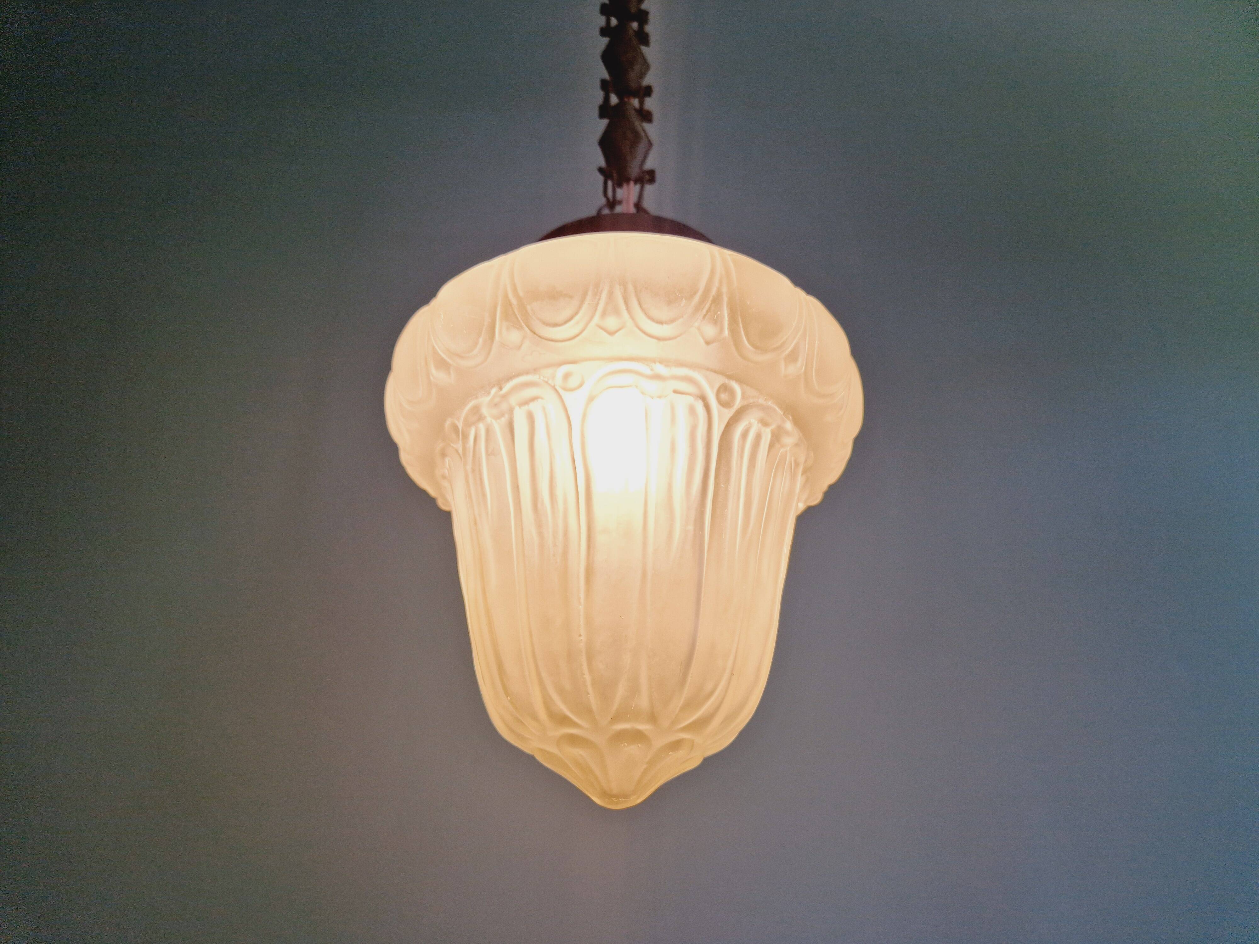 Art Deco pendant light in transparent satin glass, 1920s-30s