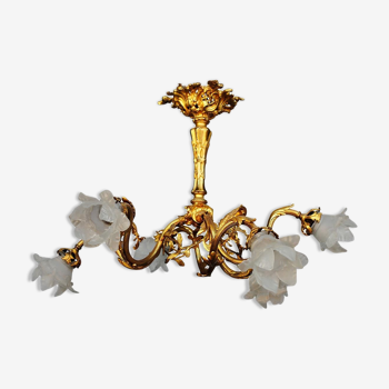 Lustre en bronze doré Napoléon III à tulipes XIXème