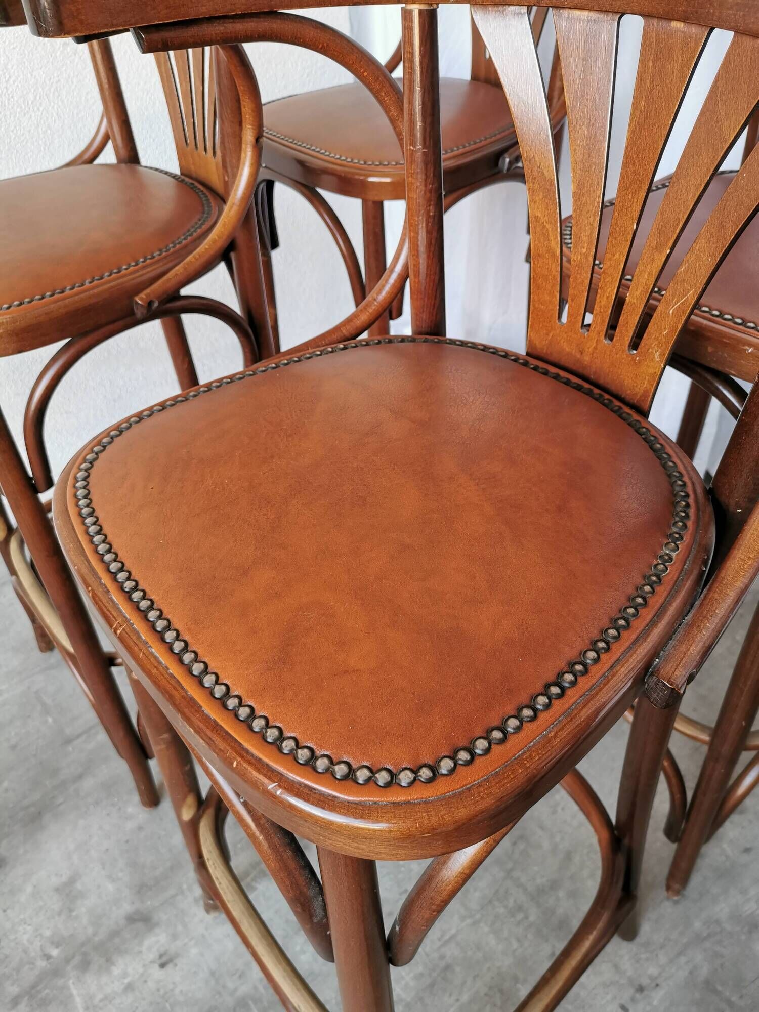 Set of 6 Vintage Bentwood Bar Stool Set: Brown Leather Seat, Nailhead Trim