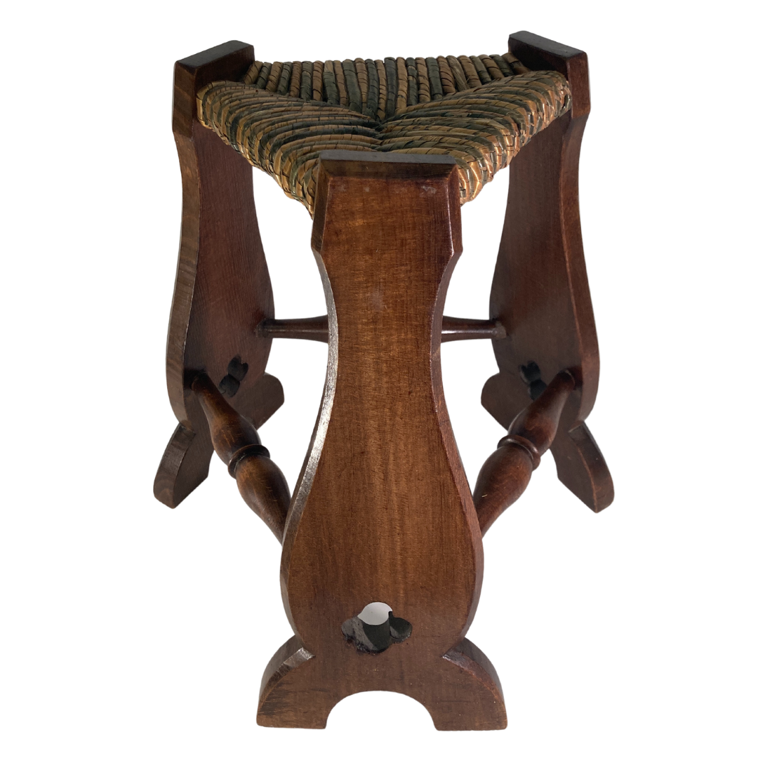 Pair of brutalist neo gothic rush oak tripod stools, France ca 1960s