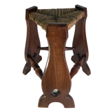 Pair of brutalist neo gothic rush oak tripod stools, France ca 1960s