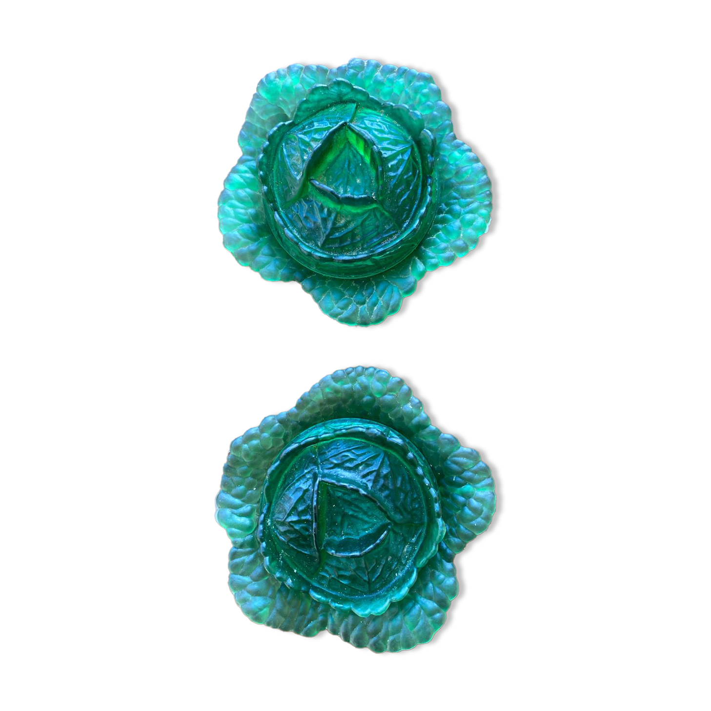 Pair of opaline sweet jars in the shape of a cabbage.