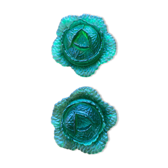 Pair of opaline sweet jars in the shape of a cabbage.