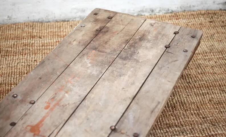 Vintage trolley coffee table, industrial wooden table on wheels, decor.
