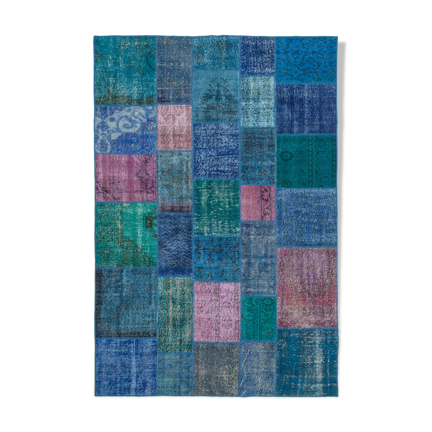 Handmade anatolian vintage 202 cm x 300 cm blue patchwork carpet