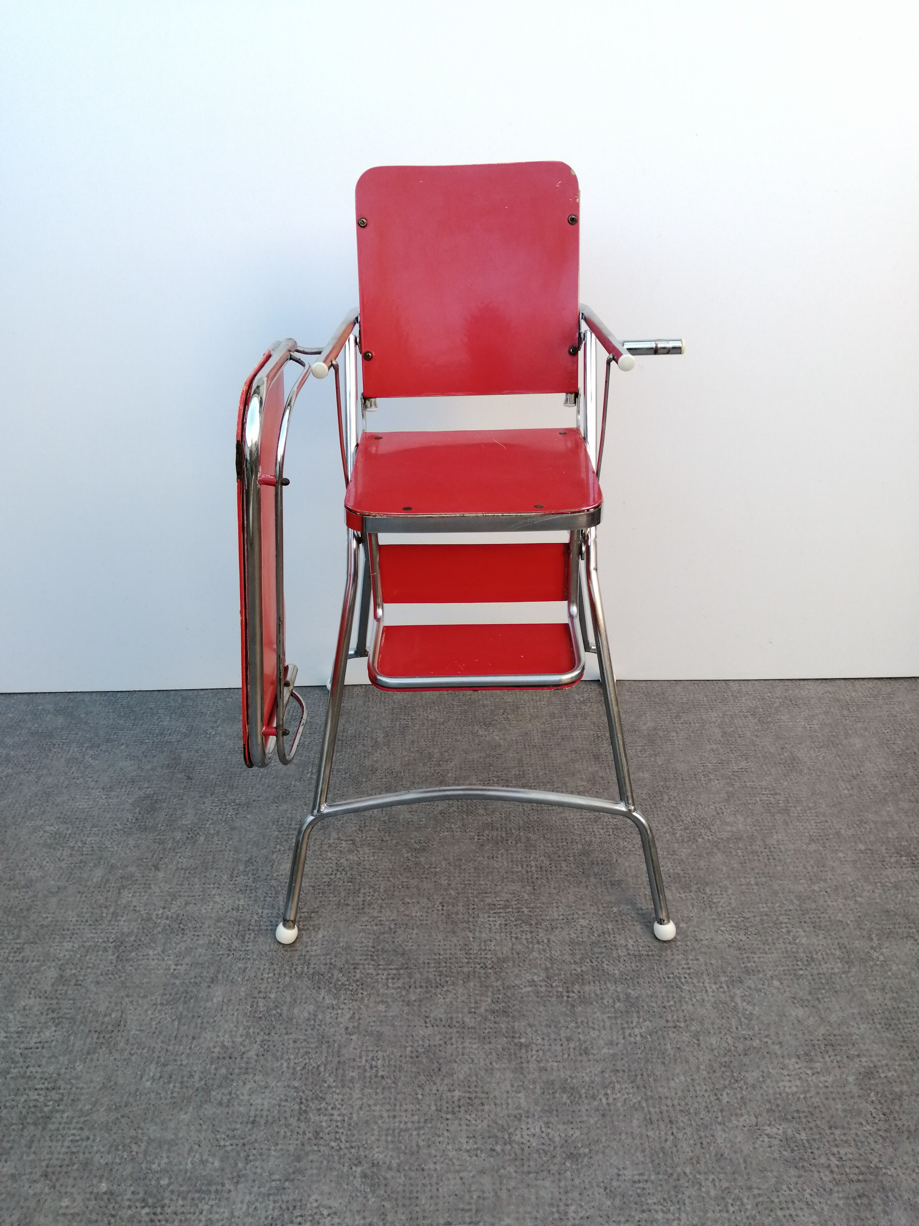 Chaise haute baby flash 1960 chromé et bois rouge