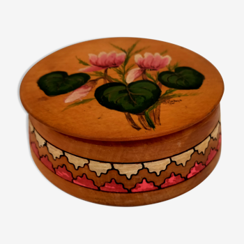 Antique wood jewelry box carved and painted by hand