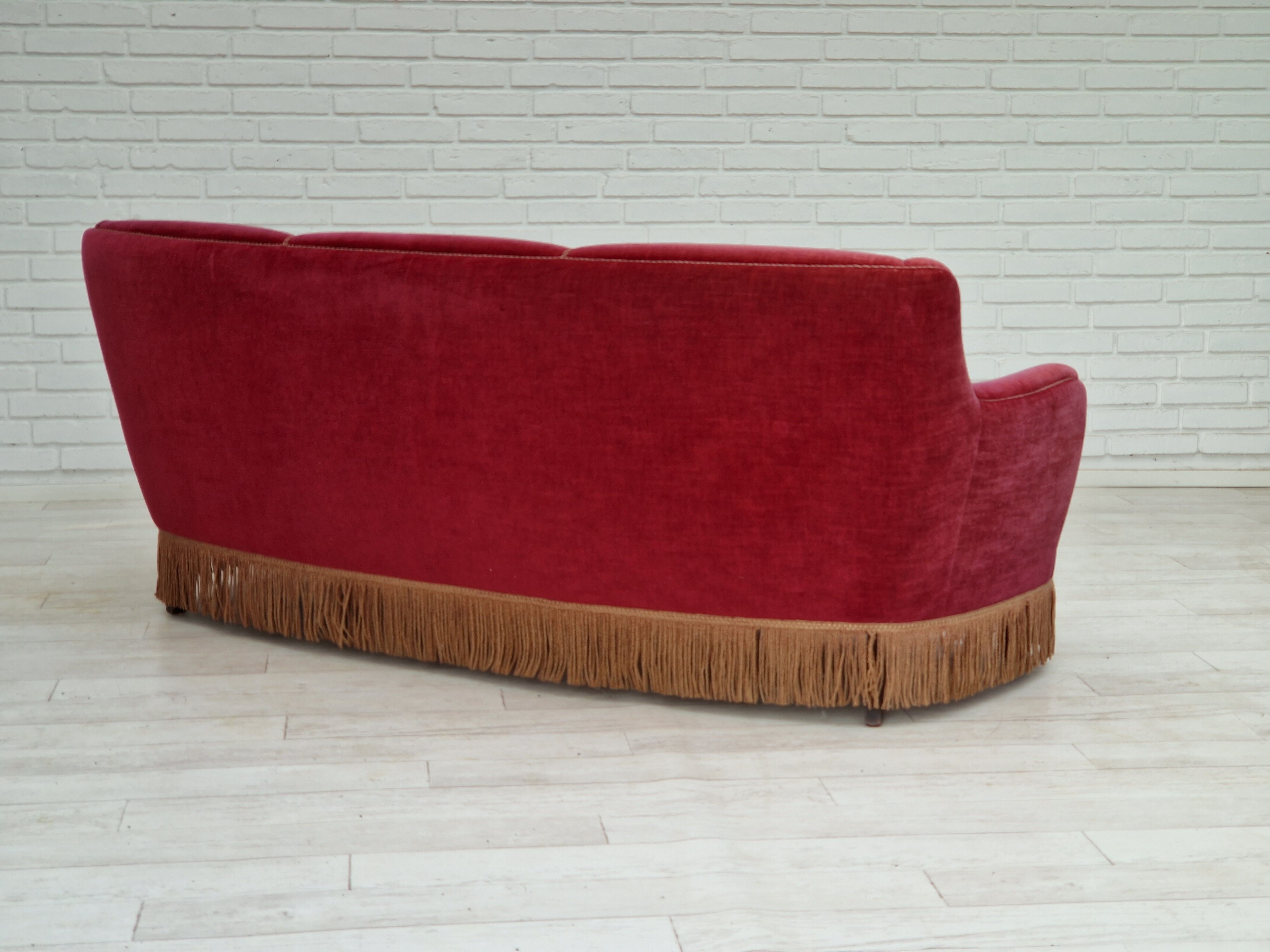 1970s, Danish vintage 2 seater "Banana" sofa, cherry-red velour, original very good condition.