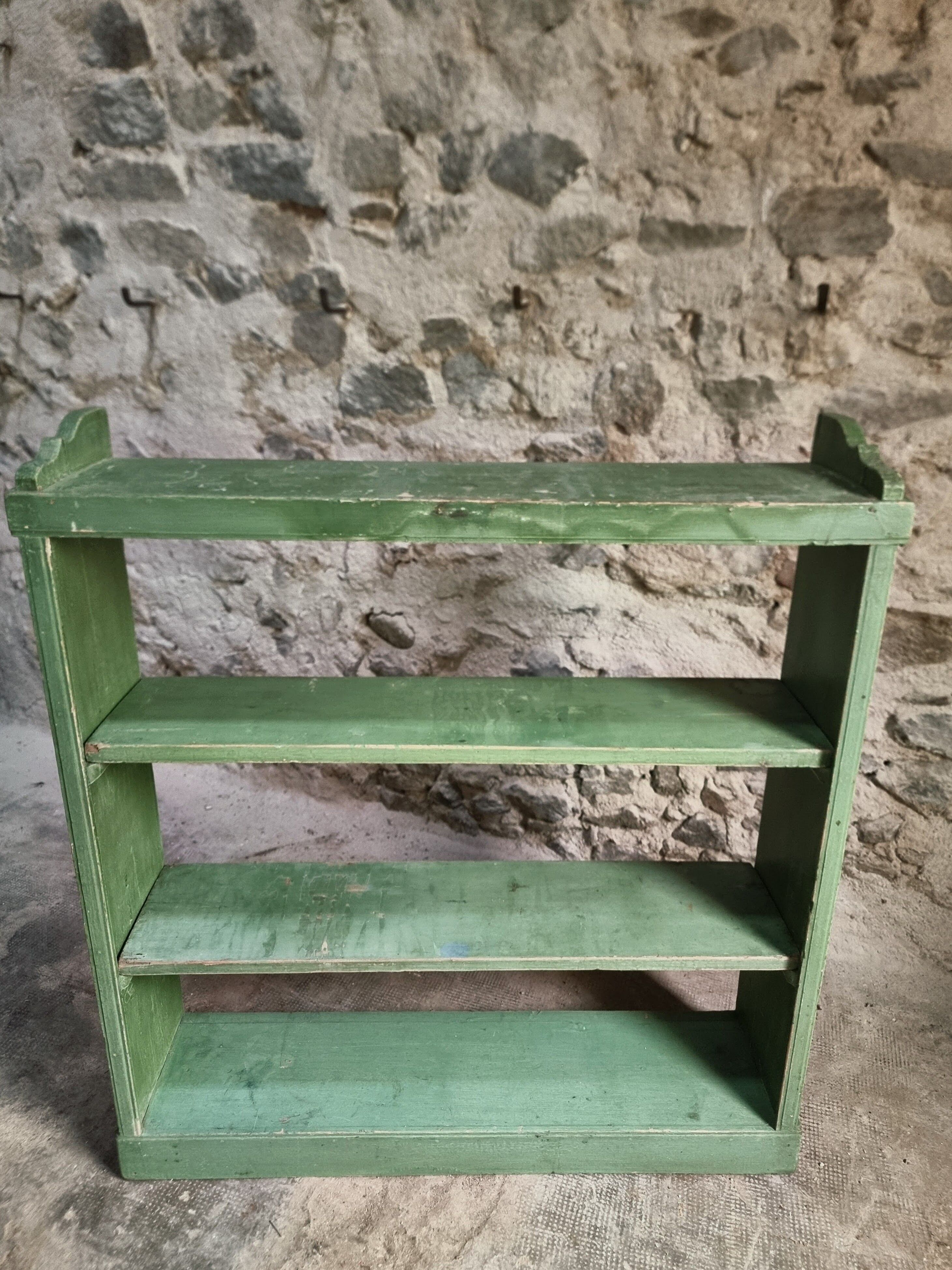 Vintage open pine shelf, original sage green paint, circa 1900–1930.