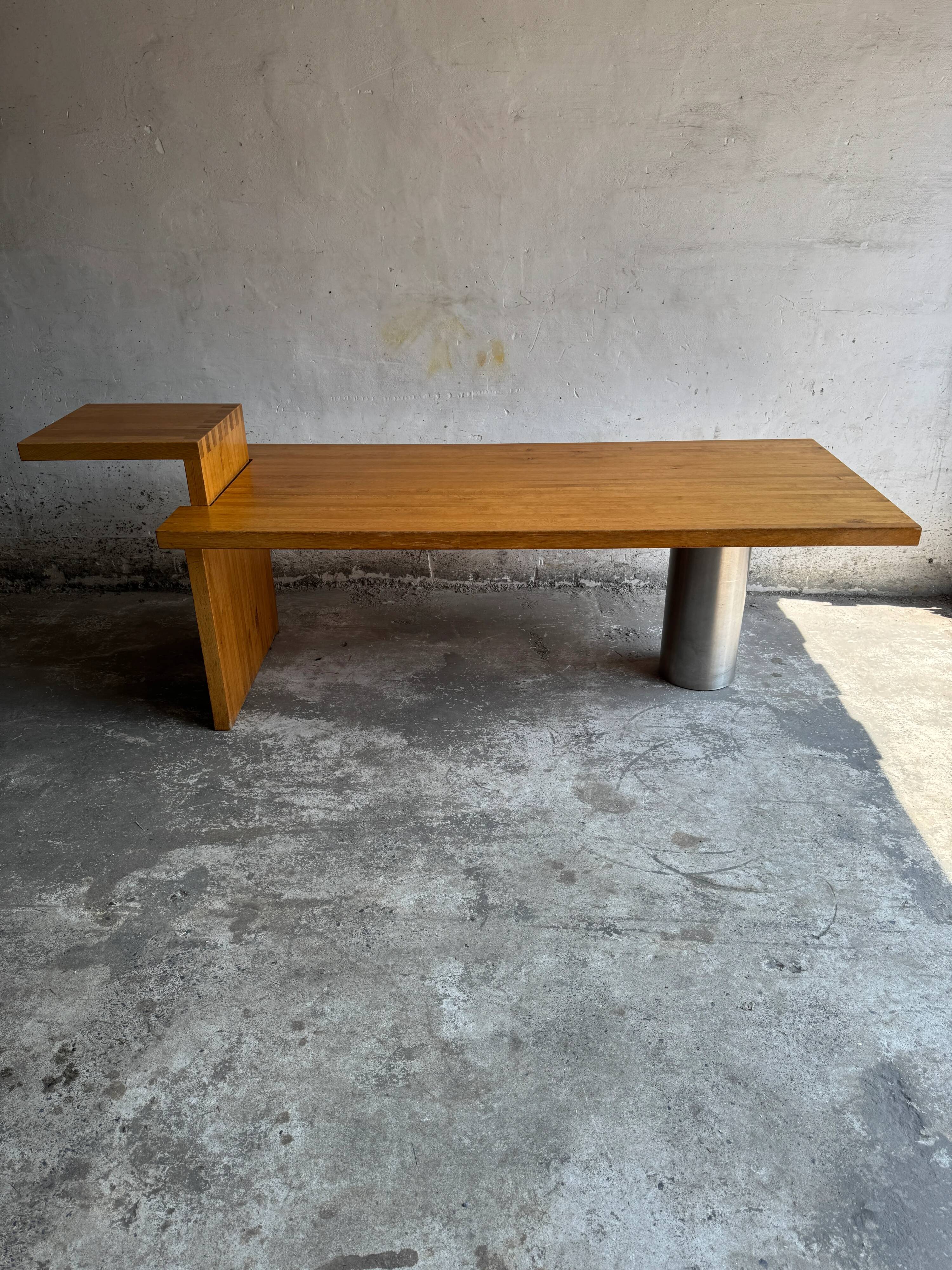 Geometric Brutalist Dining Table — Natural Wood Top with Metal Support, 1980s Architectural Design