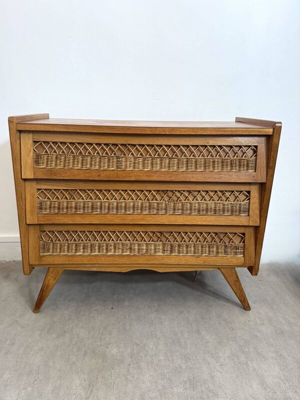 Commode vintage  pieds compas en rotin