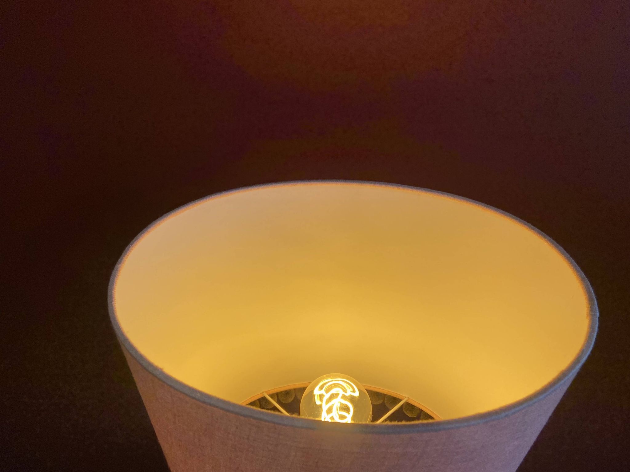 Copper "bouillotte" lamp with Ashoka Silk shade, pom-poms of c
