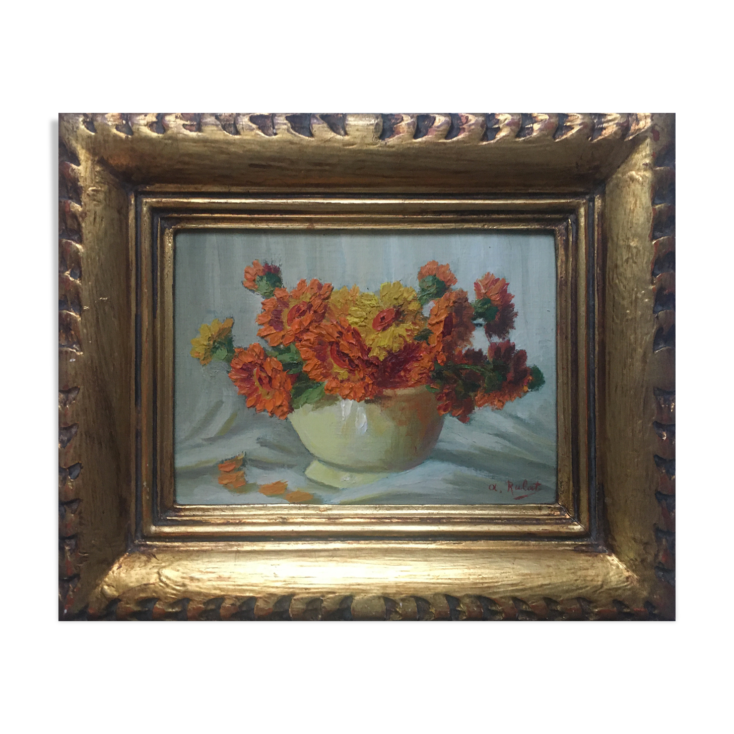 Painting "flower vase" circa 1950 HSP signed (to be deciphered) with frame
