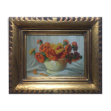 Painting "flower vase" circa 1950 HSP signed (to be deciphered) with frame