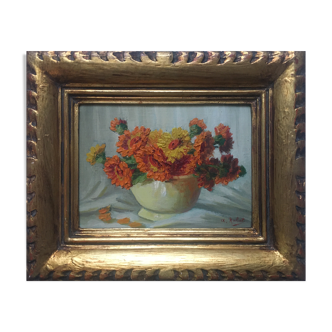 Painting "flower vase" circa 1950 HSP signed (to be deciphered) with frame