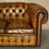 Vintage Chesterfield leather sofa bed, fully restored, circa 1940.
