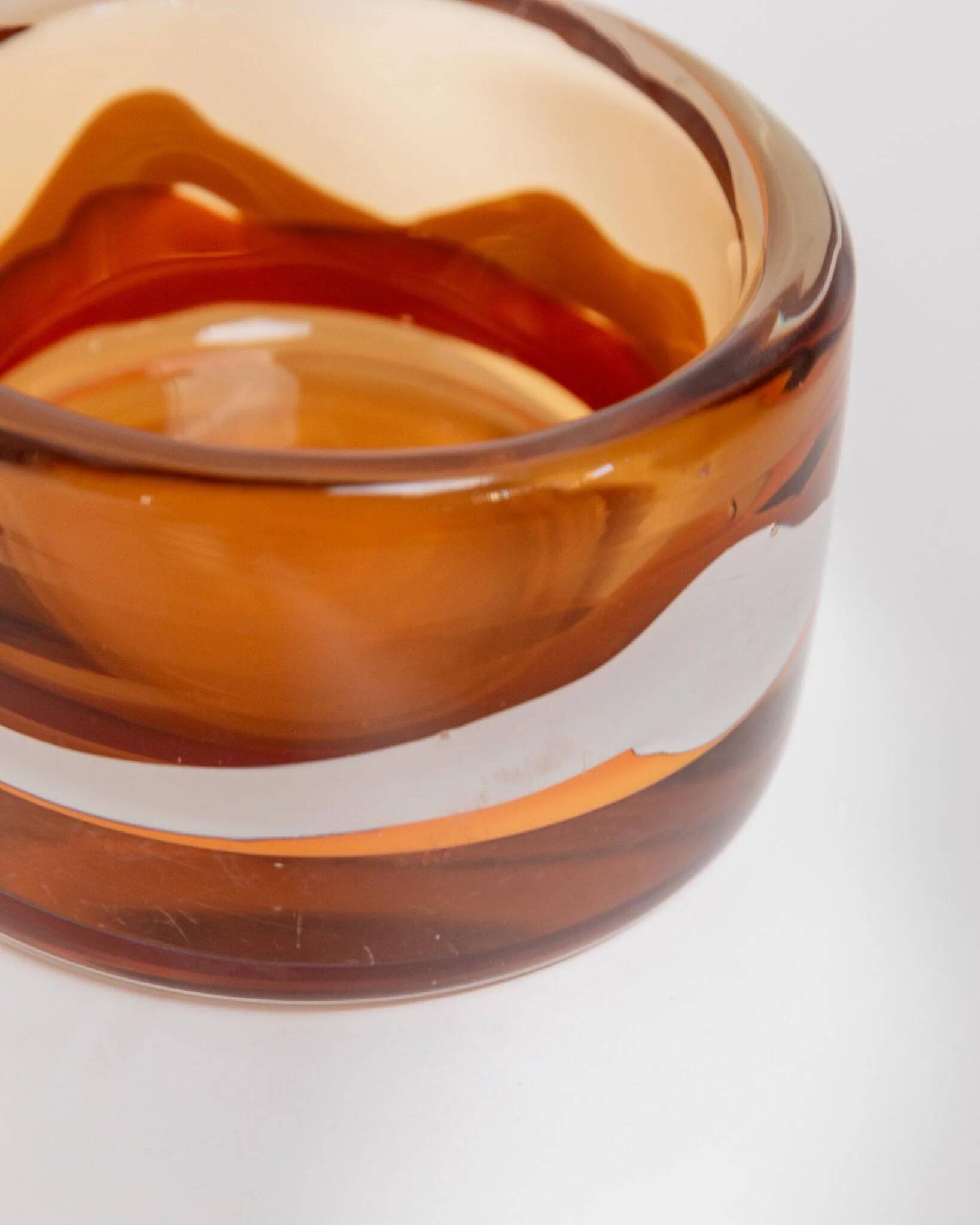 Vintage Skrdlovice Glass Bowl by Jaroslav Svoboda – Bold orange amber glass with white wave, Czech 1970s