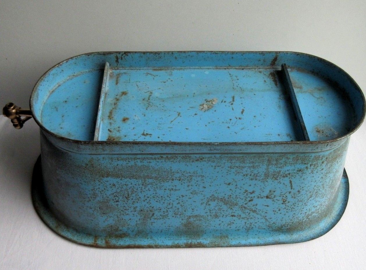 Doll bathtub, blue sheet toy, brass faucet, 1880-1900 era