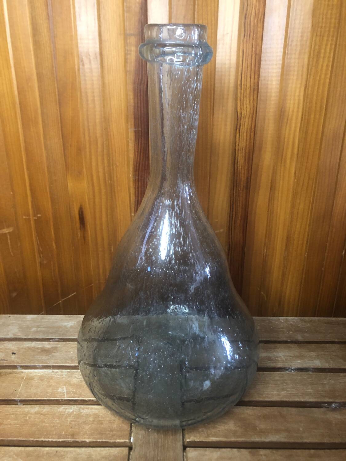 Ancienne bouteille style biot verre soufflé bullé bleuté vintage