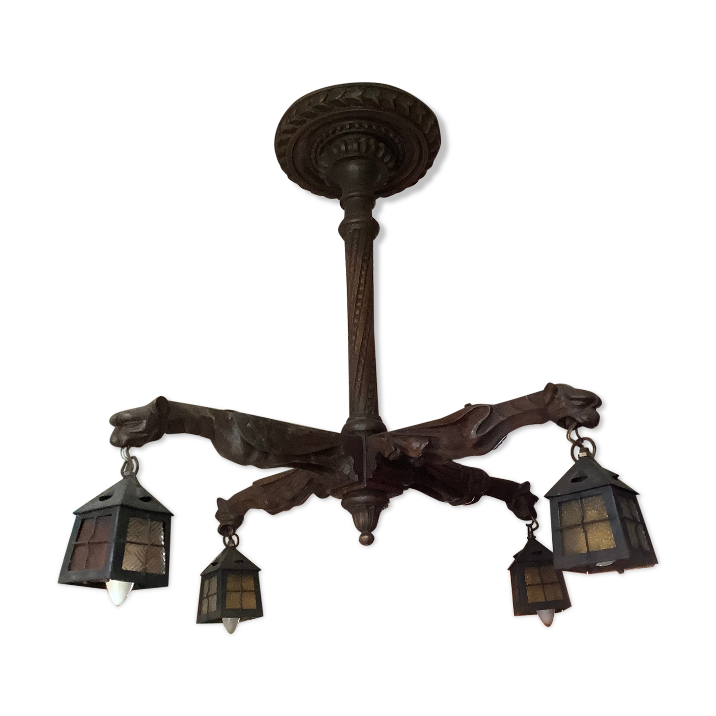Gothic neo-gothic gargoyle chandelier 19th in carved wood lampshades day lanterns