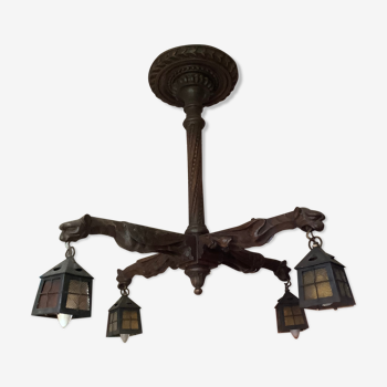 Gothic neo-gothic gargoyle chandelier 19th in carved wood lampshades day lanterns