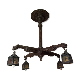 Gothic neo-gothic gargoyle chandelier 19th in carved wood lampshades day lanterns