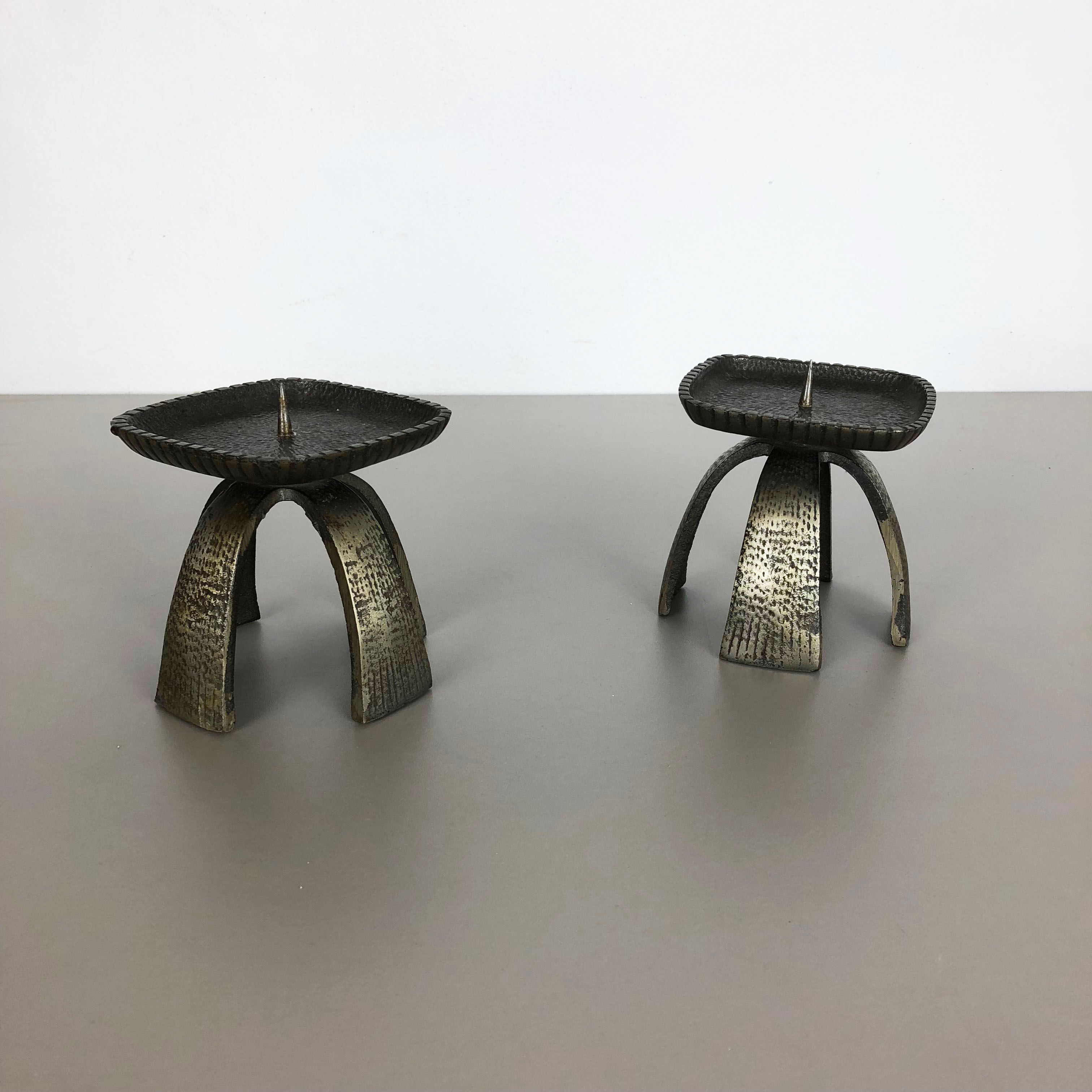 Set of 2 Modernist Vintage 1970s Sculptural Brutalist Metal Candleholder, France