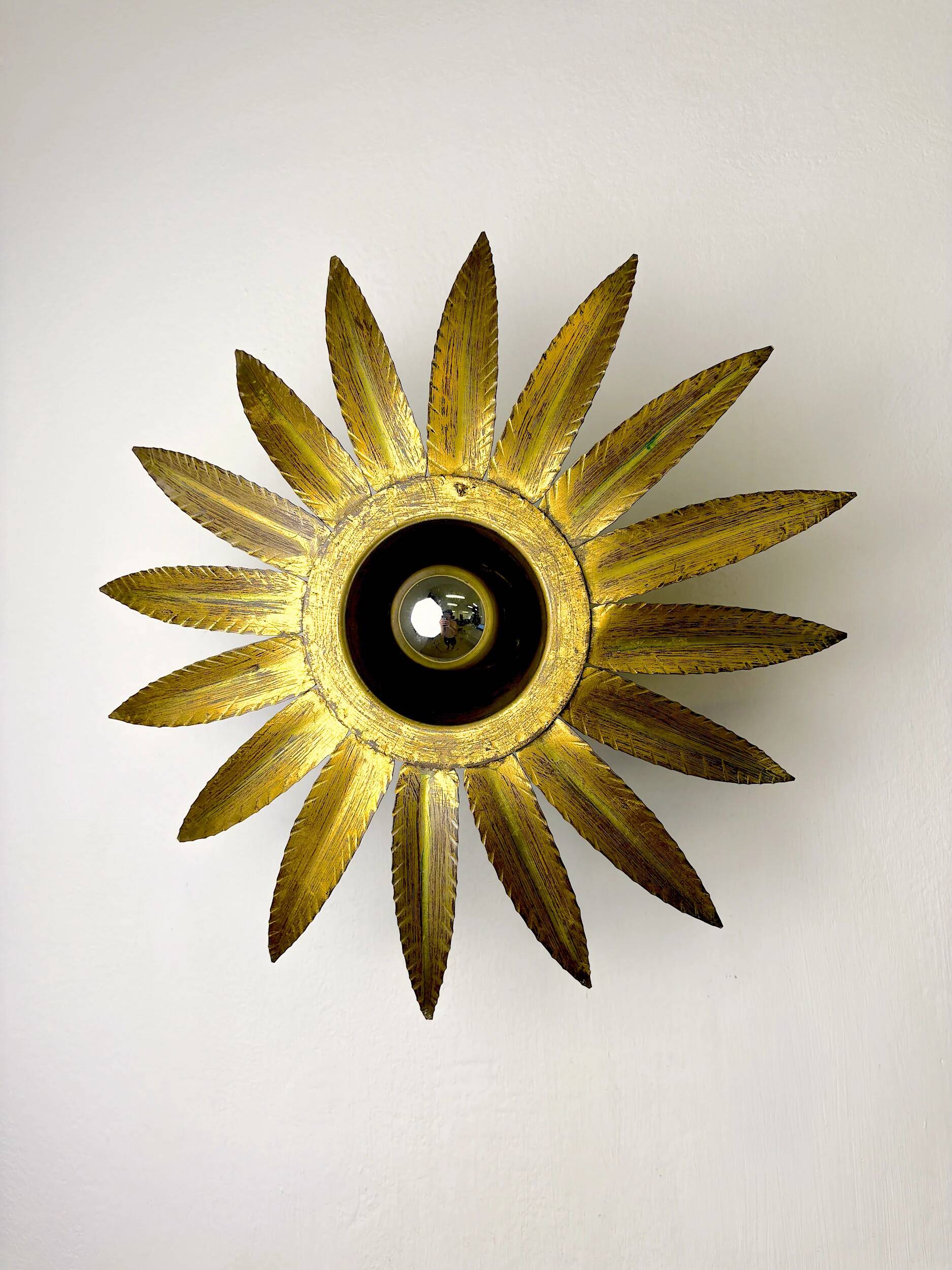 Spanish sunburst flush mount light fixture in gilt iron, Ferro Art, 1960s