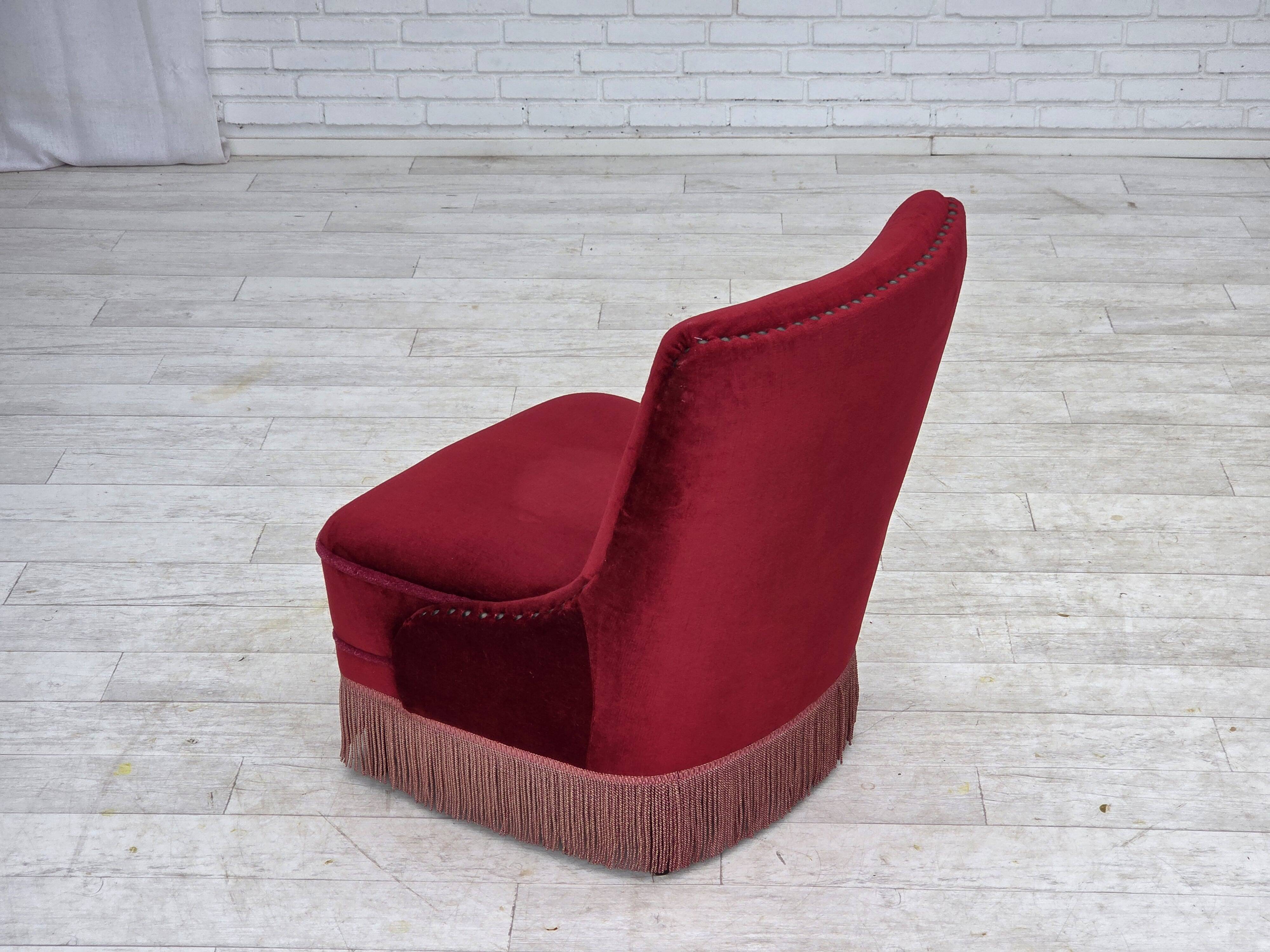 1960s, Danish armchair, original red furniture velour, beech wood legs.