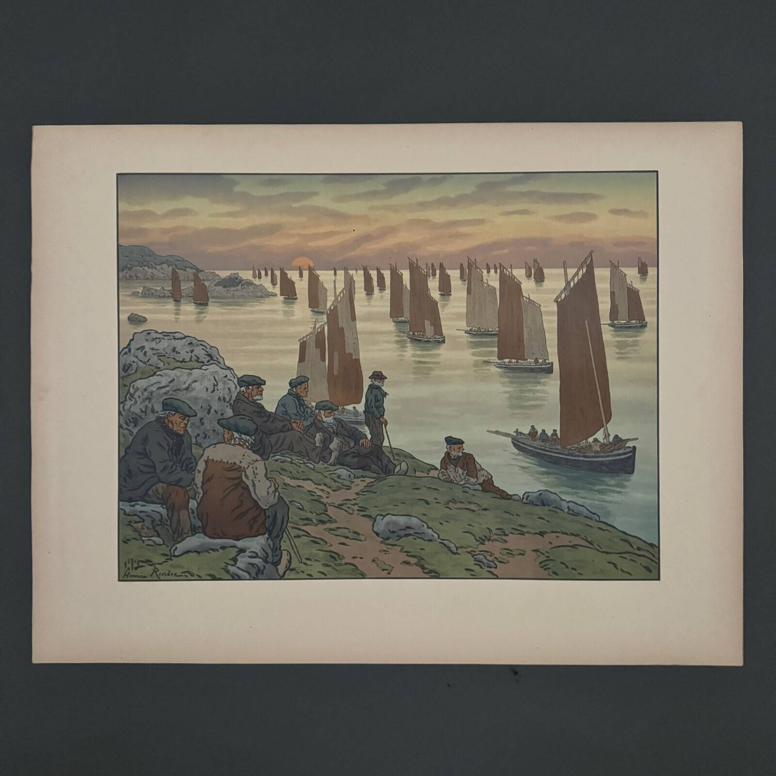 Lithograph by Henri Rivière In the Wind of Noroît - The Old People