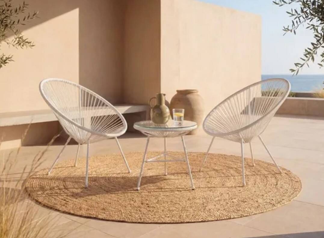Set of 2 Armchairs + Glass Top Table