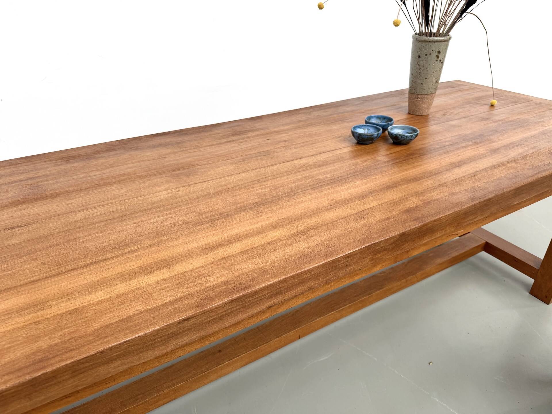 Large modernist farmhouse table in solid beech, thick dowelled top.
