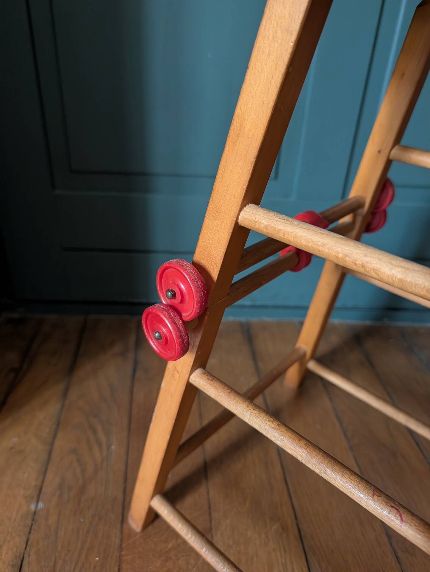 Doll high chair in wood – 1970s, foldable and on wheels