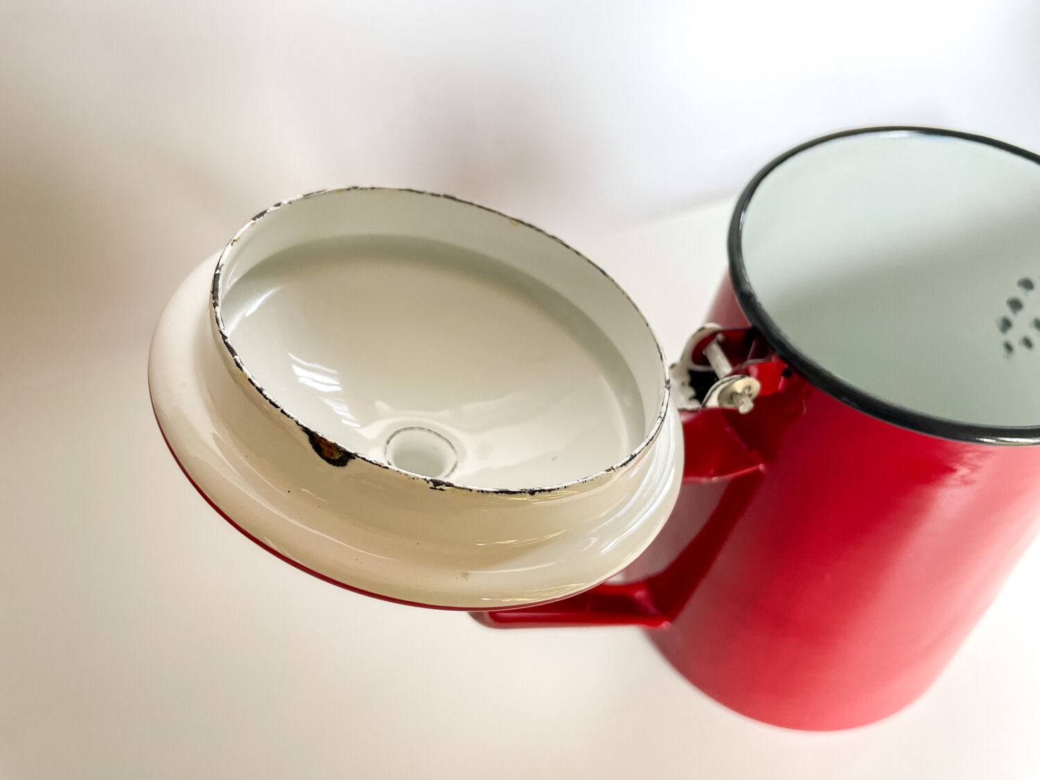 Red enamelled coffee maker