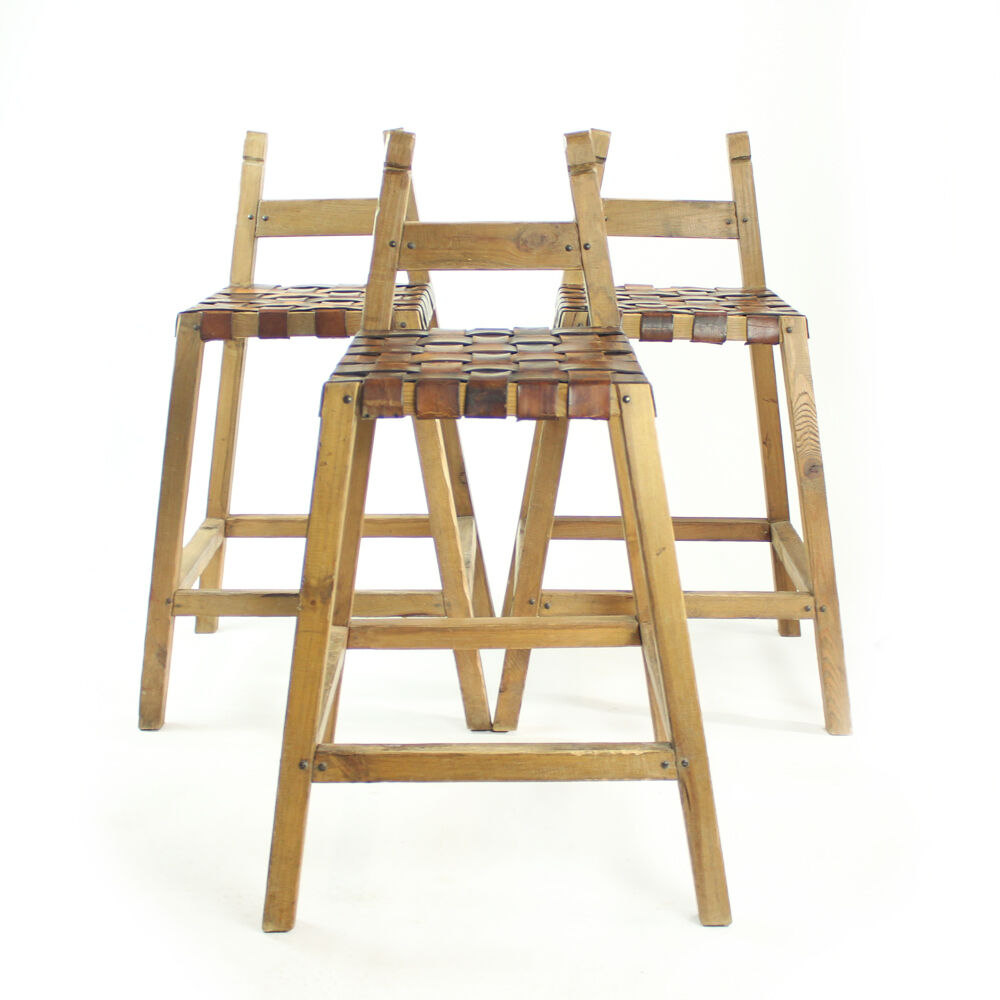 Tabourets de barre de cru en bois et cuir, Tchécoslovaquie années 1950