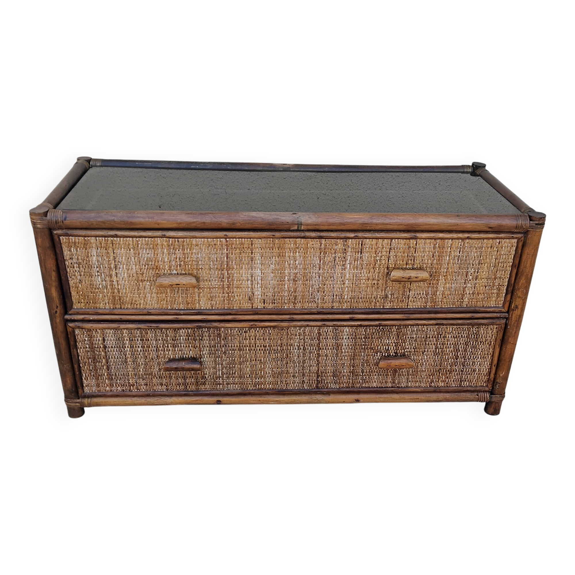 Vintage rattan and glass TV unit.