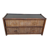 Vintage rattan and glass TV unit.